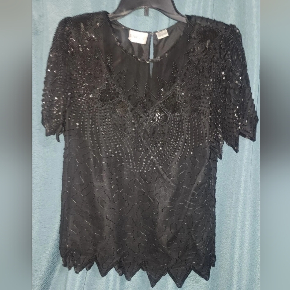 Vintage Denise Elle Silk Beaded Blouse Siz S Short Sleeve Sheer Lined Asymmetric